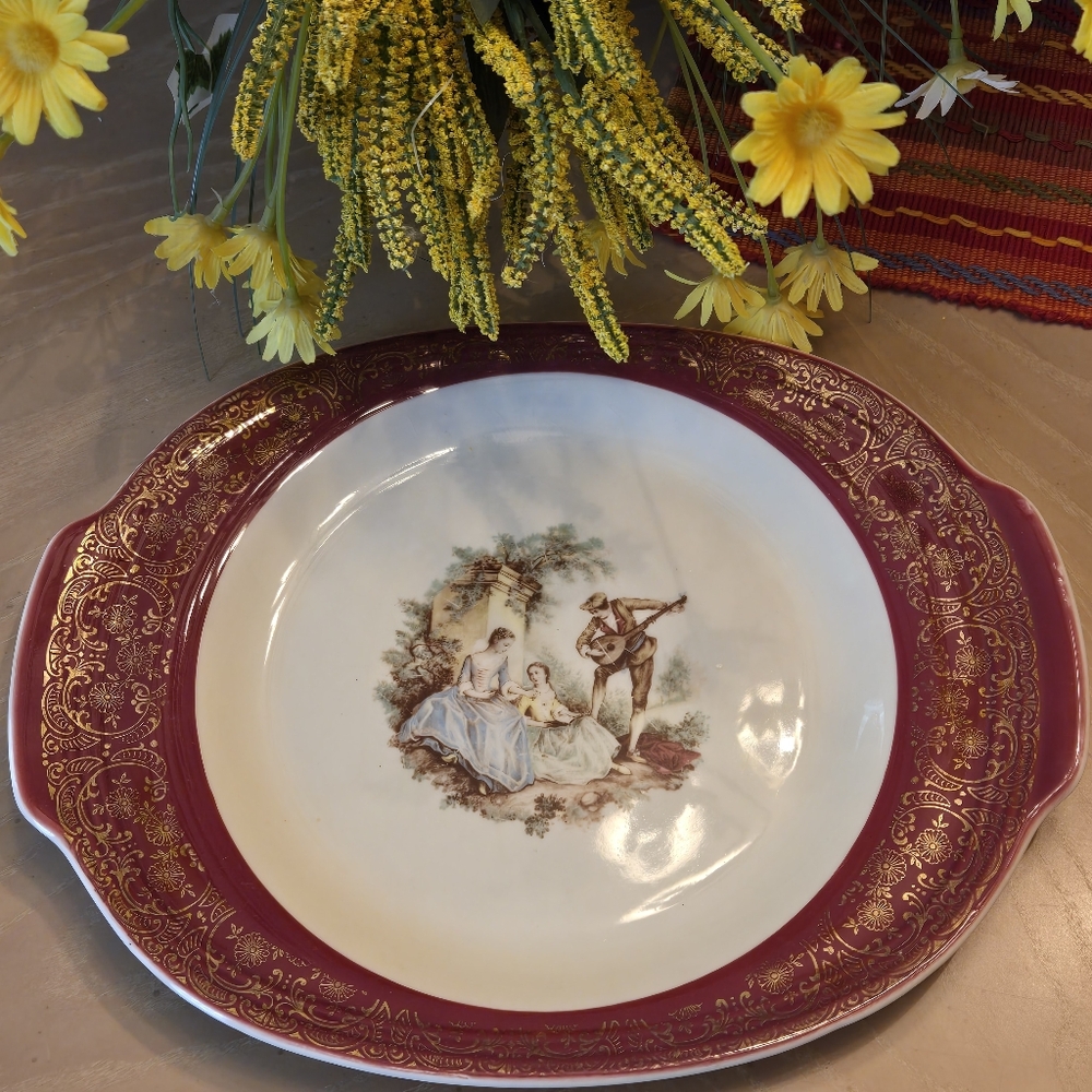 Vintage Sebring Pottery “Serenade” Burgundy Platter – 22K Gold – Classical Scene